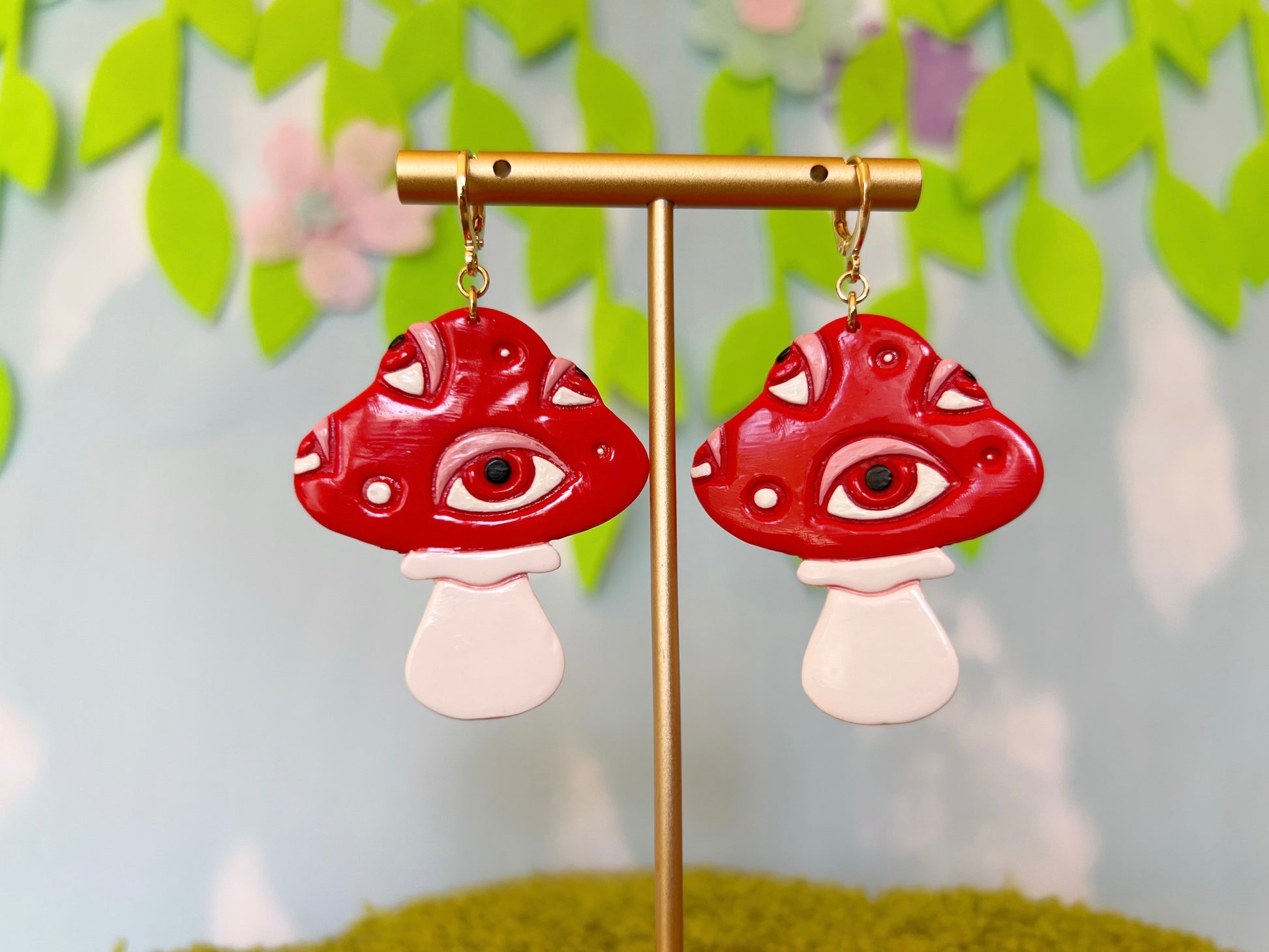 All Seeing Eye Mushroom Earrings Close Up